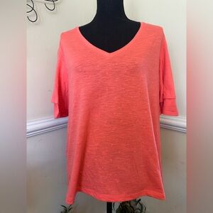 Time & Tru Women's Orange /Coral V-Neck, Bell Type Sleeve T-Shirt Size XL